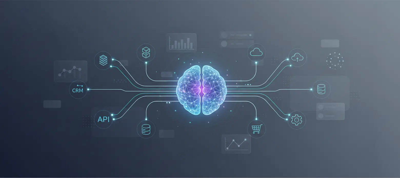 AI connecting enterprise software systems digital network visualization